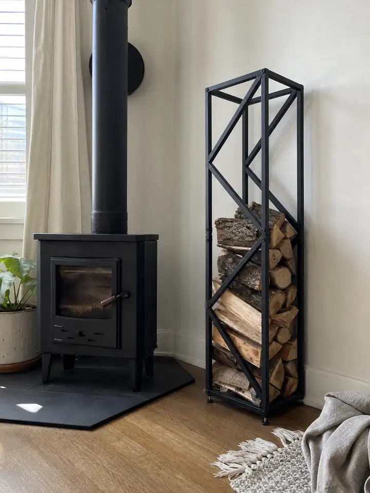 Tall Black Metal Firewood Rack with Adjustable Feet styling idea 1
