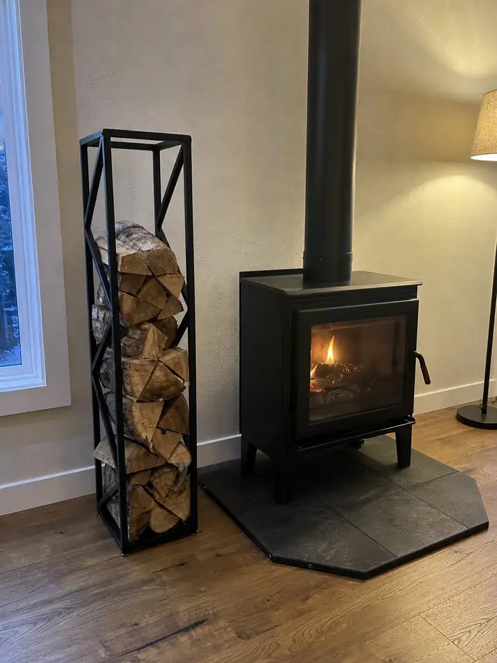 Tall Black Metal Firewood Rack with Adjustable Feet styling idea 6