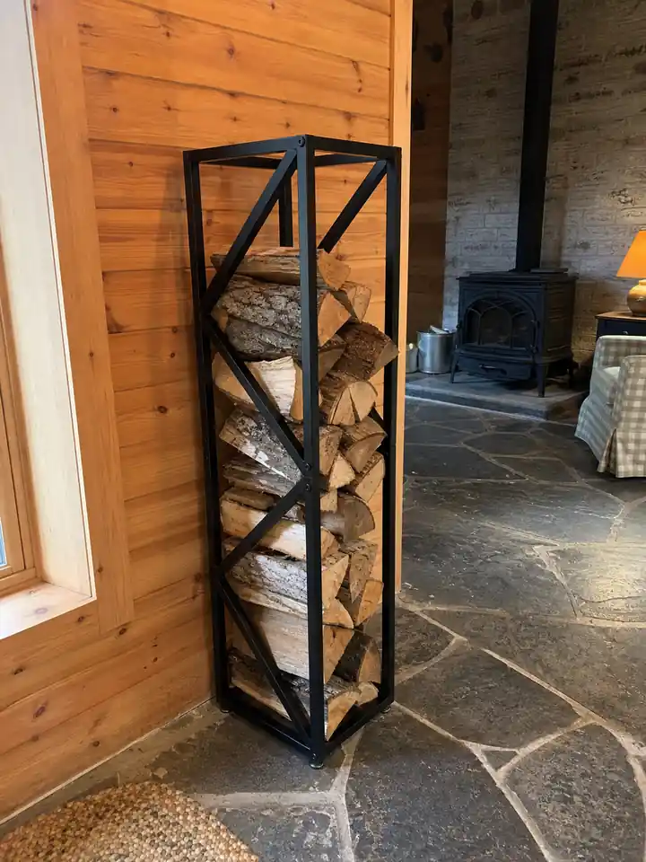 Tall Black Metal Firewood Rack with Adjustable Feet styling idea 4