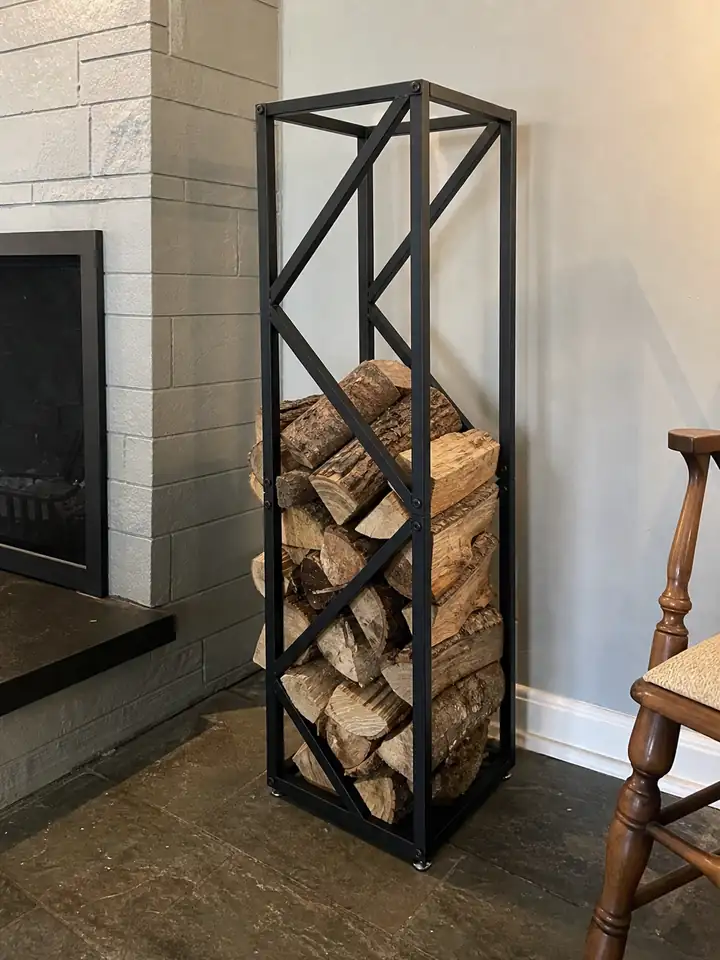 Tall Black Metal Firewood Rack with Adjustable Feet styling idea 3