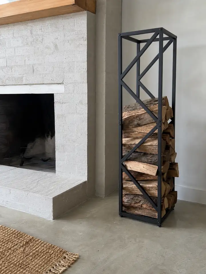 Tall Black Metal Firewood Rack with Adjustable Feet styling idea 5