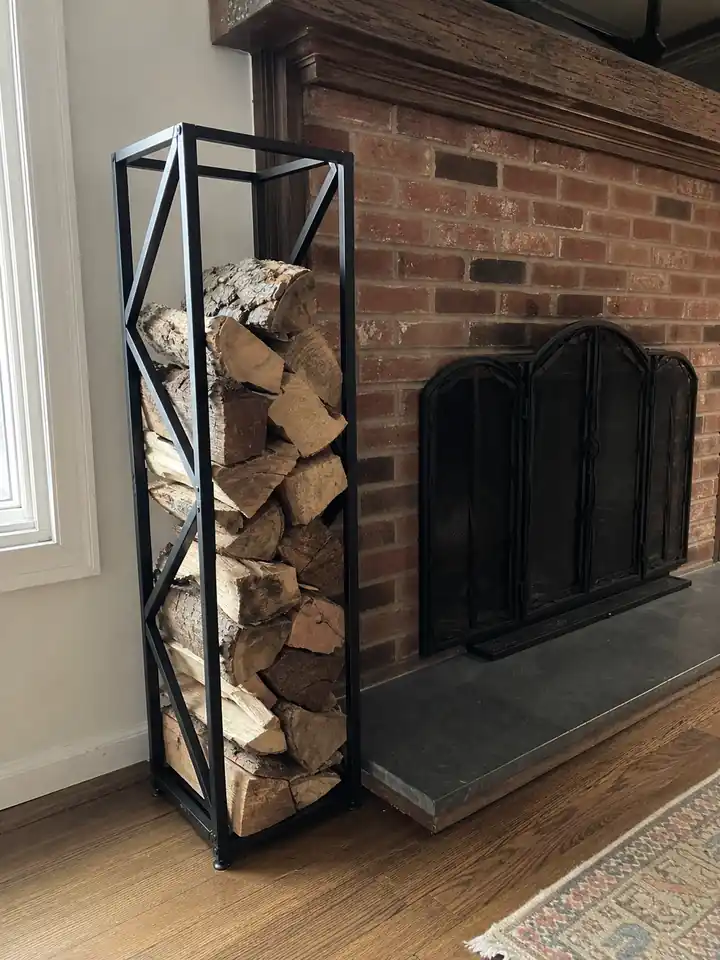 Tall Black Metal Firewood Rack with Adjustable Feet styling idea 2