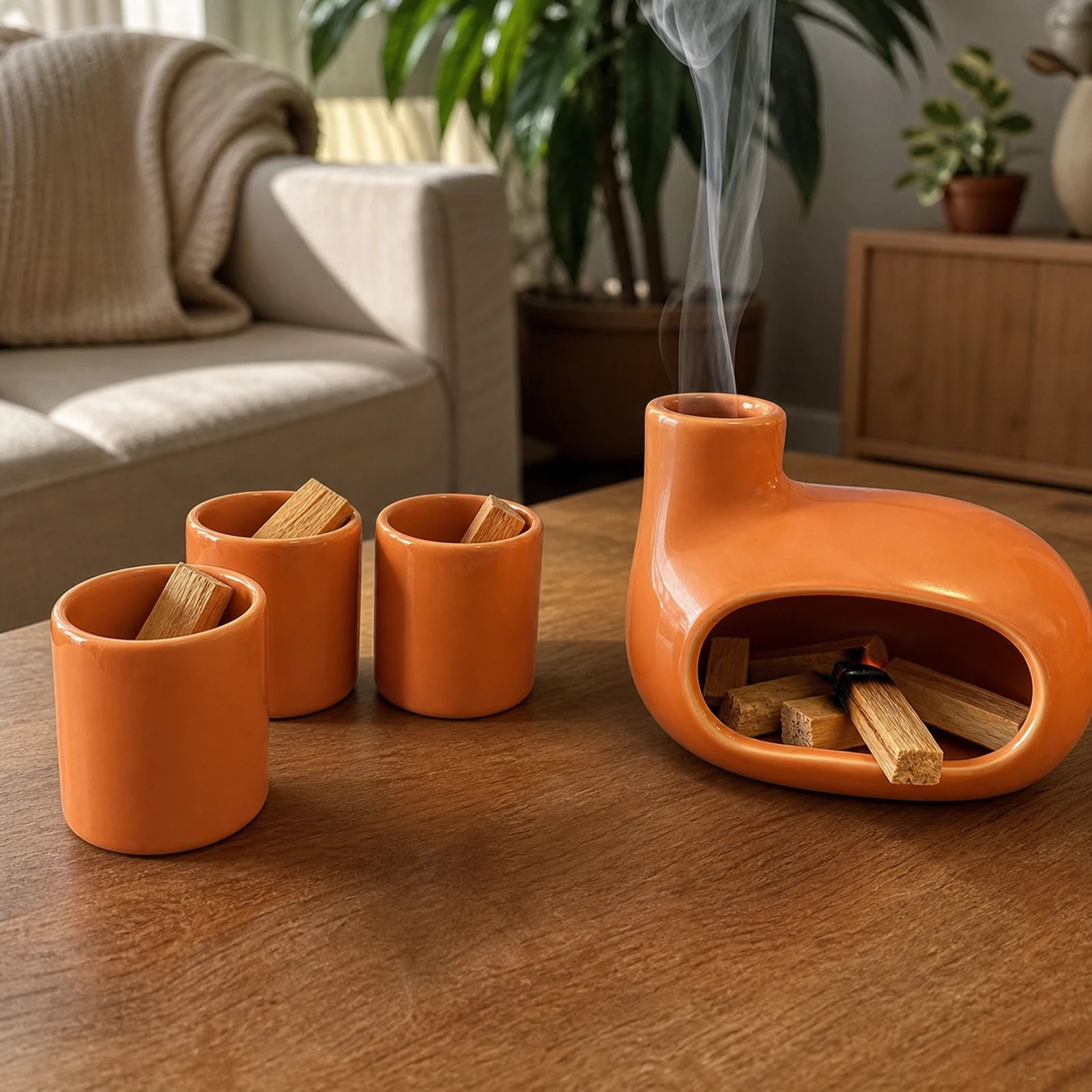 Glazed orange burner and three-holder set Classic Ceramic Palo Santo & Sage Burner, burning Palo Santo with smoke rising only through the top vent.