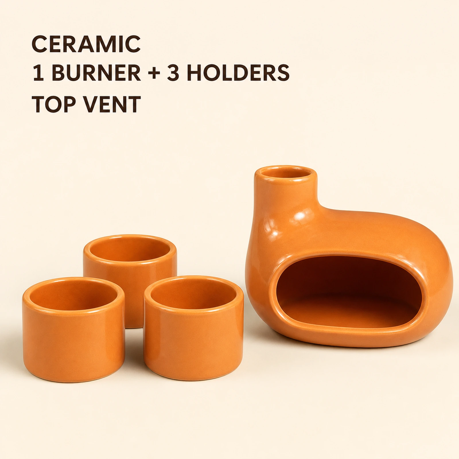 Glazed orange burner and three-holder set Classic Ceramic Palo Santo & Sage Burner, fact view identifying the ceramic body, front chamber, and top vent.
