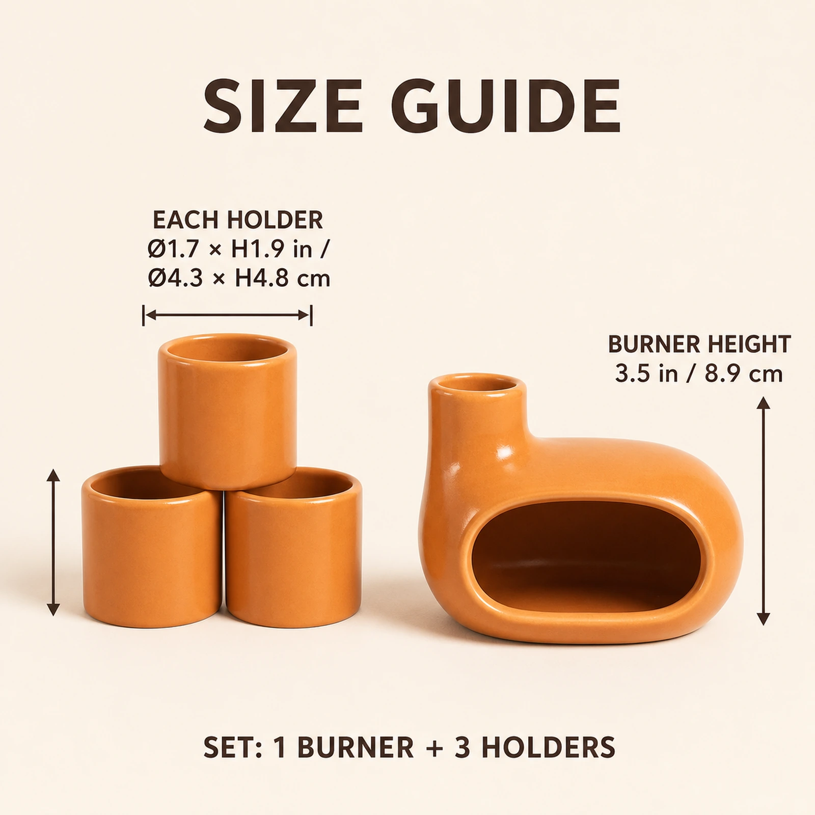 Glazed orange burner and three-holder set Classic Ceramic Palo Santo & Sage Burner, verified dimension guide with front-facing product view.