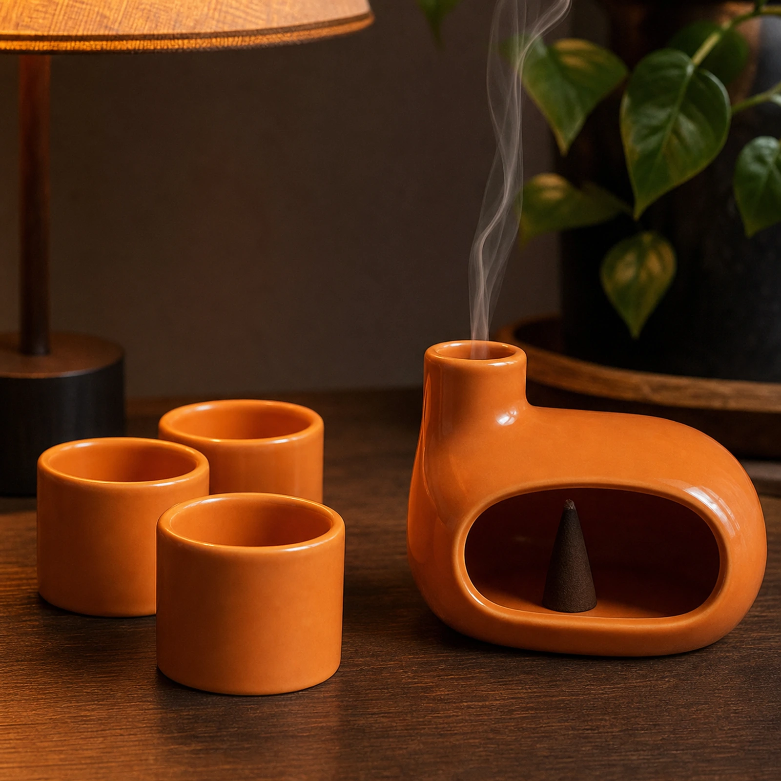 Glazed orange burner and three-holder set Classic Ceramic Palo Santo & Sage Burner, using a tapered incense cone with smoke exiting the top vent.