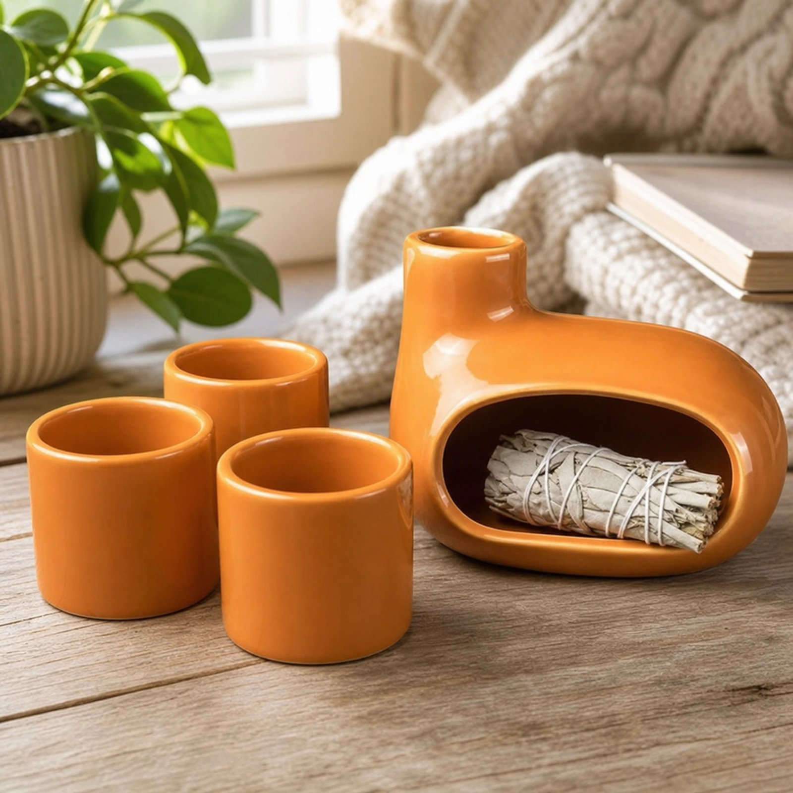 Glazed orange burner and three-holder set Classic Ceramic Palo Santo & Sage Burner, home scene with an unlit white sage bundle in the front chamber.