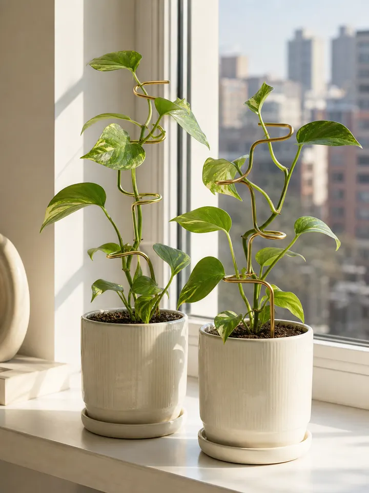 Gold plant support stakes with pothos plants by a sunny apartment window