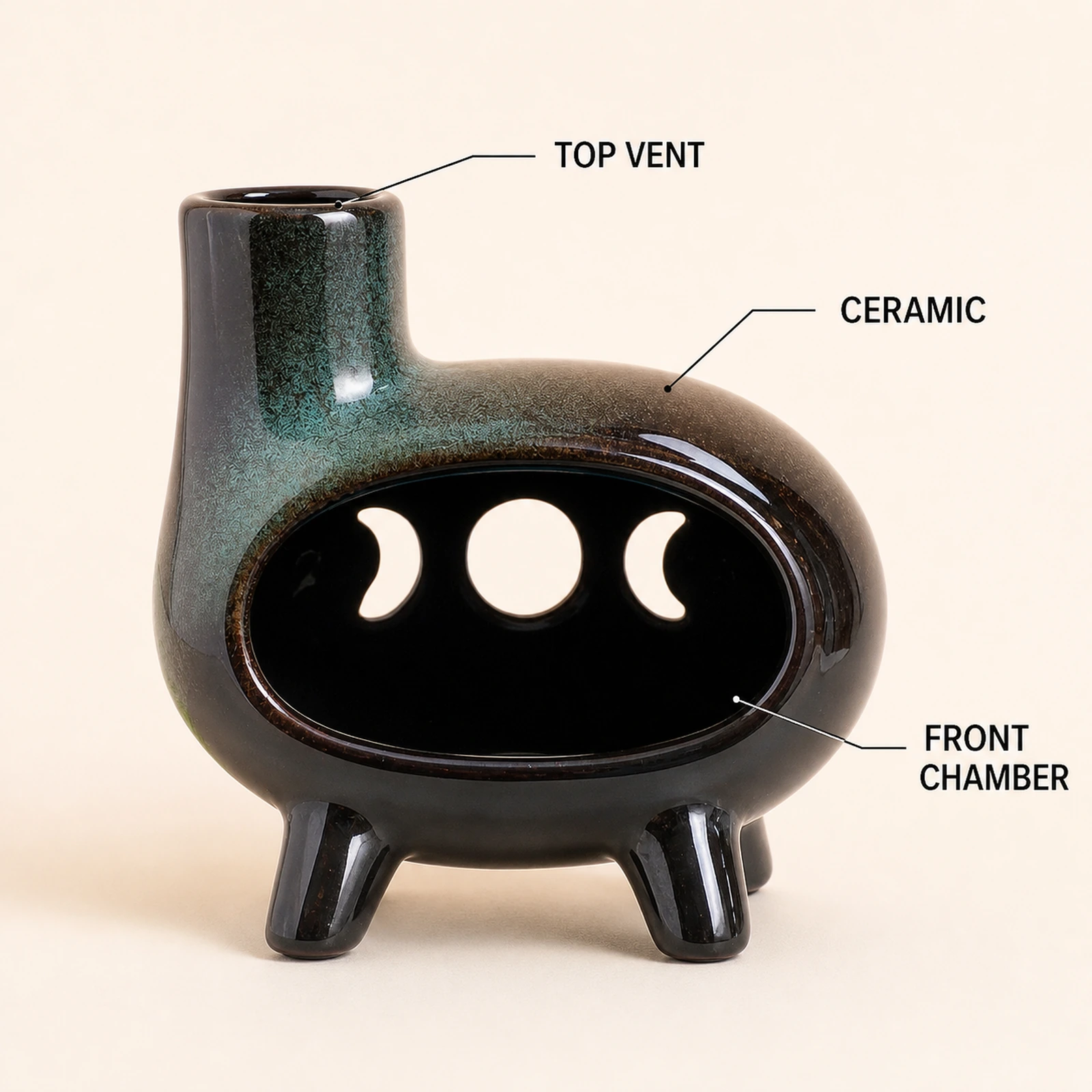 Green glaze four-foot moon-phase Classic Ceramic Palo Santo & Sage Burner, fact view identifying the ceramic body, front chamber, and top vent.