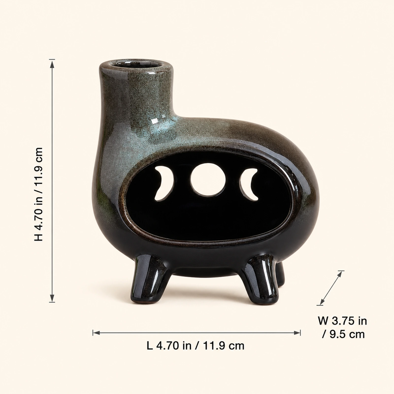 Green glaze four-foot moon-phase Classic Ceramic Palo Santo & Sage Burner, verified dimension guide with front-facing product view.