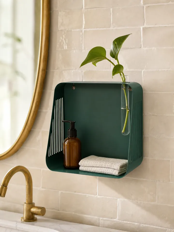 Green Iron Floating Shelf with Hydroponic Hole & Diffuser Stand styling idea 2
