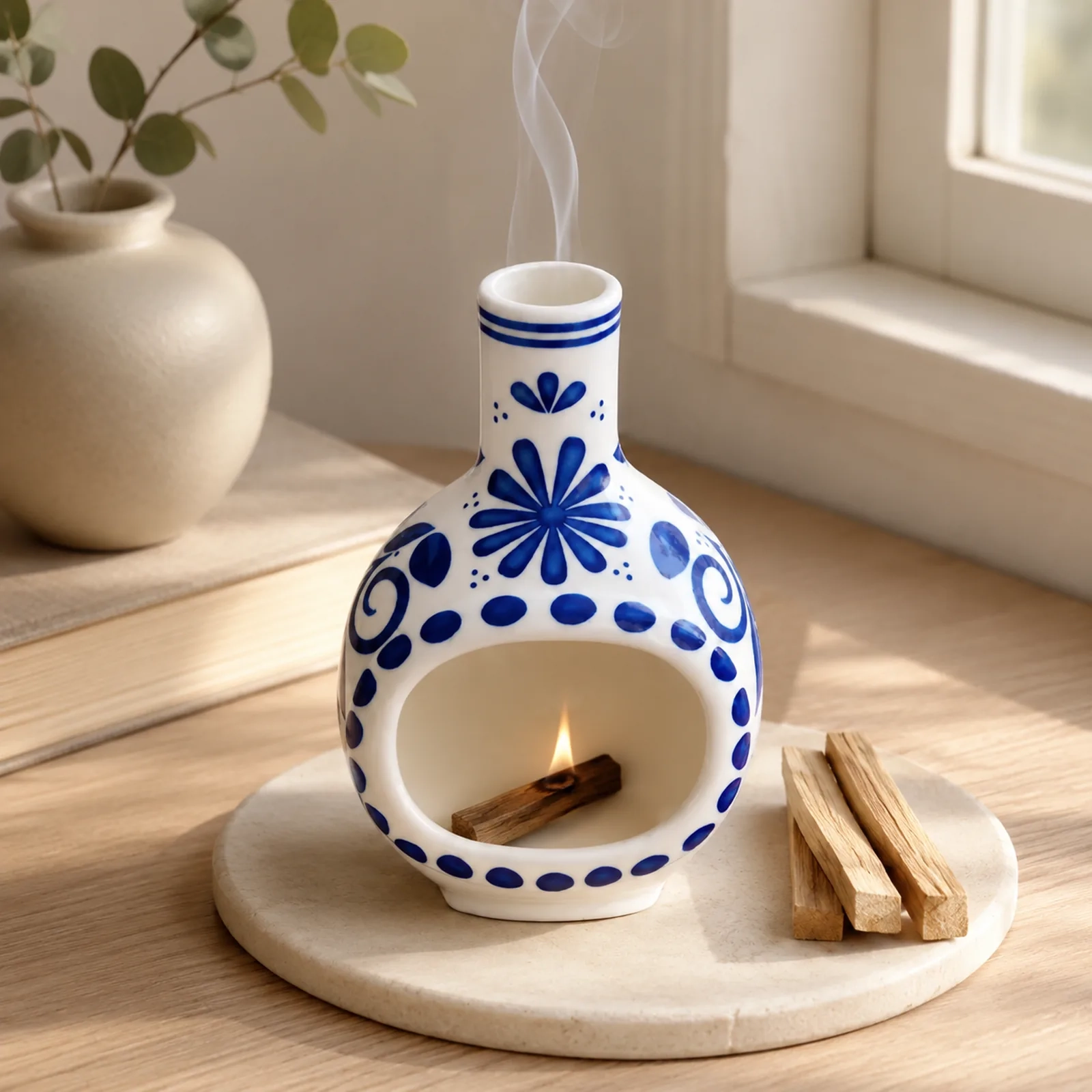 MOUGIGI blue and white ceramic Palo Santo holder with smoke and glowing ember
