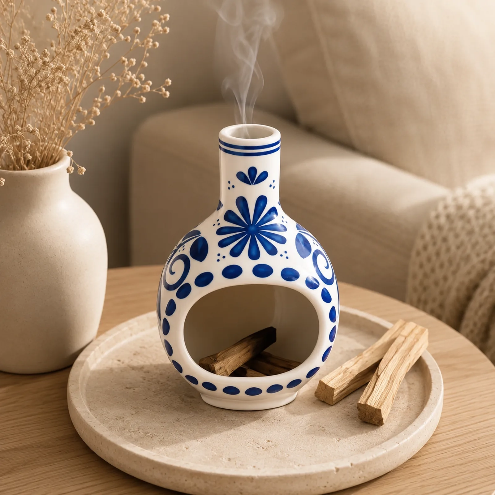 MOUGIGI blue and white ceramic Palo Santo holder styled with Palo Santo and smoke