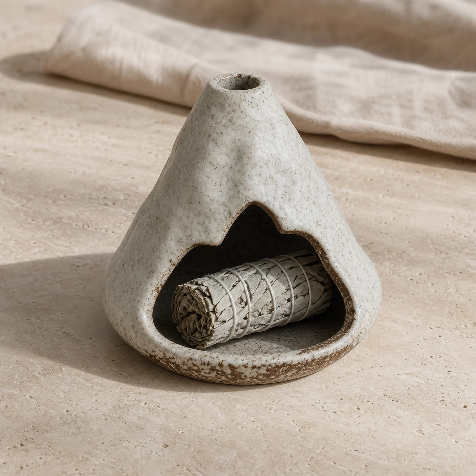Kiln-Fired Off-White ceramic zongzi incense holder with a short unlit sage piece resting inside
