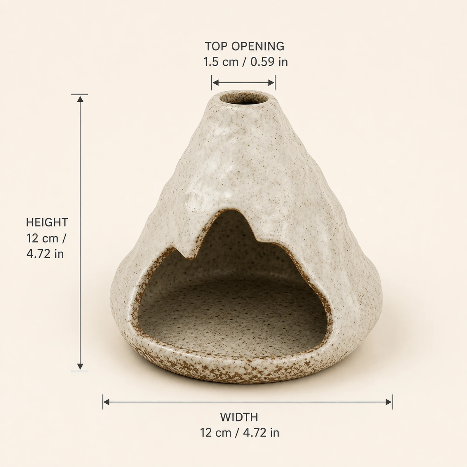 Kiln-Fired Off-White ceramic zongzi incense holder dimension card showing 12 cm / 4.72 in height and width and 1.5 cm / 0.59 in top opening