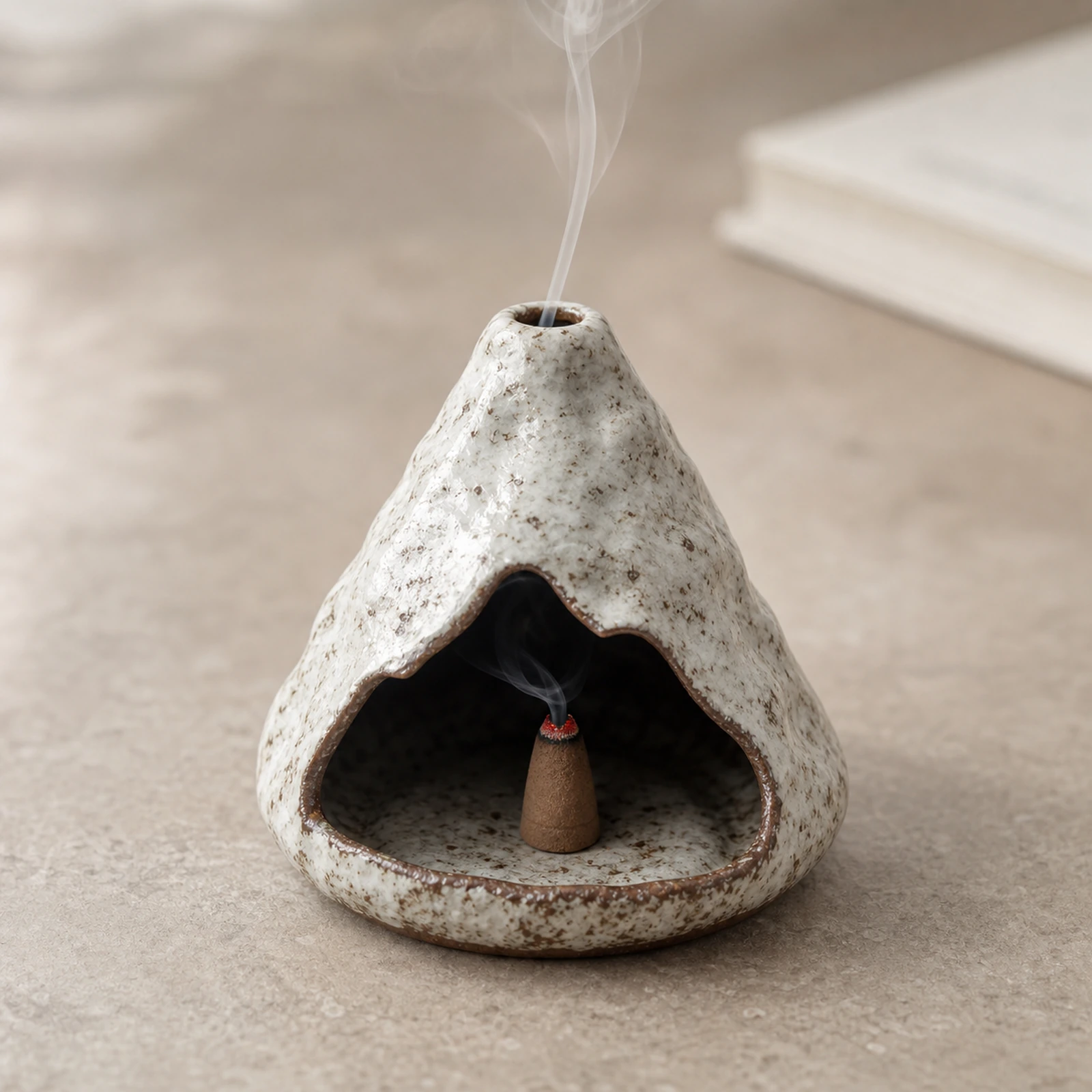 Kiln-Fired Pure White ceramic zongzi incense holder with a tapered incense cone and smoke through the top vent