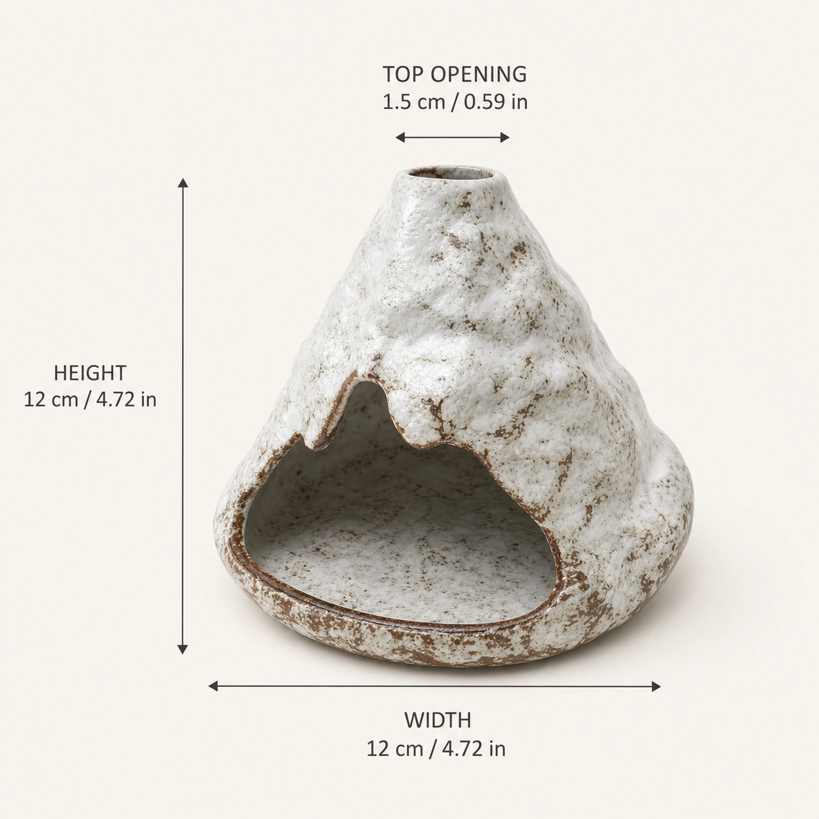 Kiln-Fired Pure White ceramic zongzi incense holder dimension card showing 12 cm / 4.72 in height and width and 1.5 cm / 0.59 in top opening