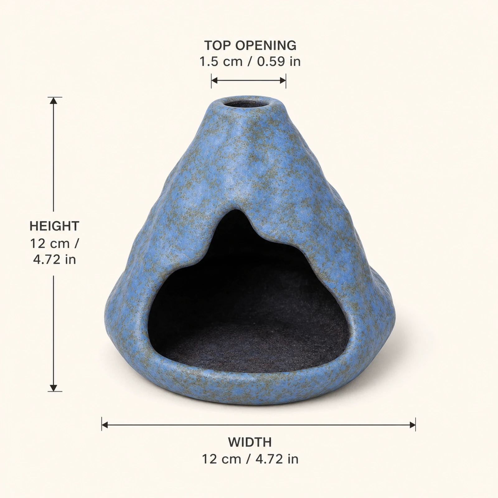 Light Blue ceramic zongzi incense holder dimension card showing 12 cm / 4.72 in height and width and 1.5 cm / 0.59 in top opening
