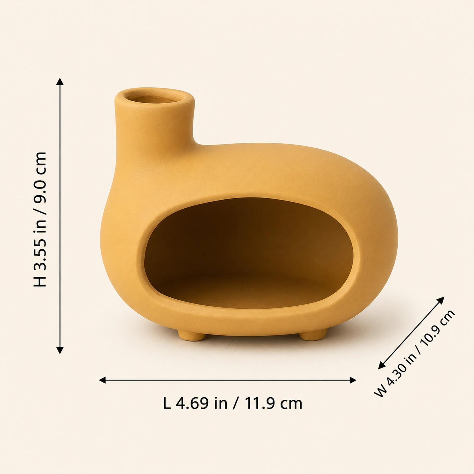 Matte yellow short-foot Classic Ceramic Palo Santo & Sage Burner, verified dimension guide with front-facing product view.