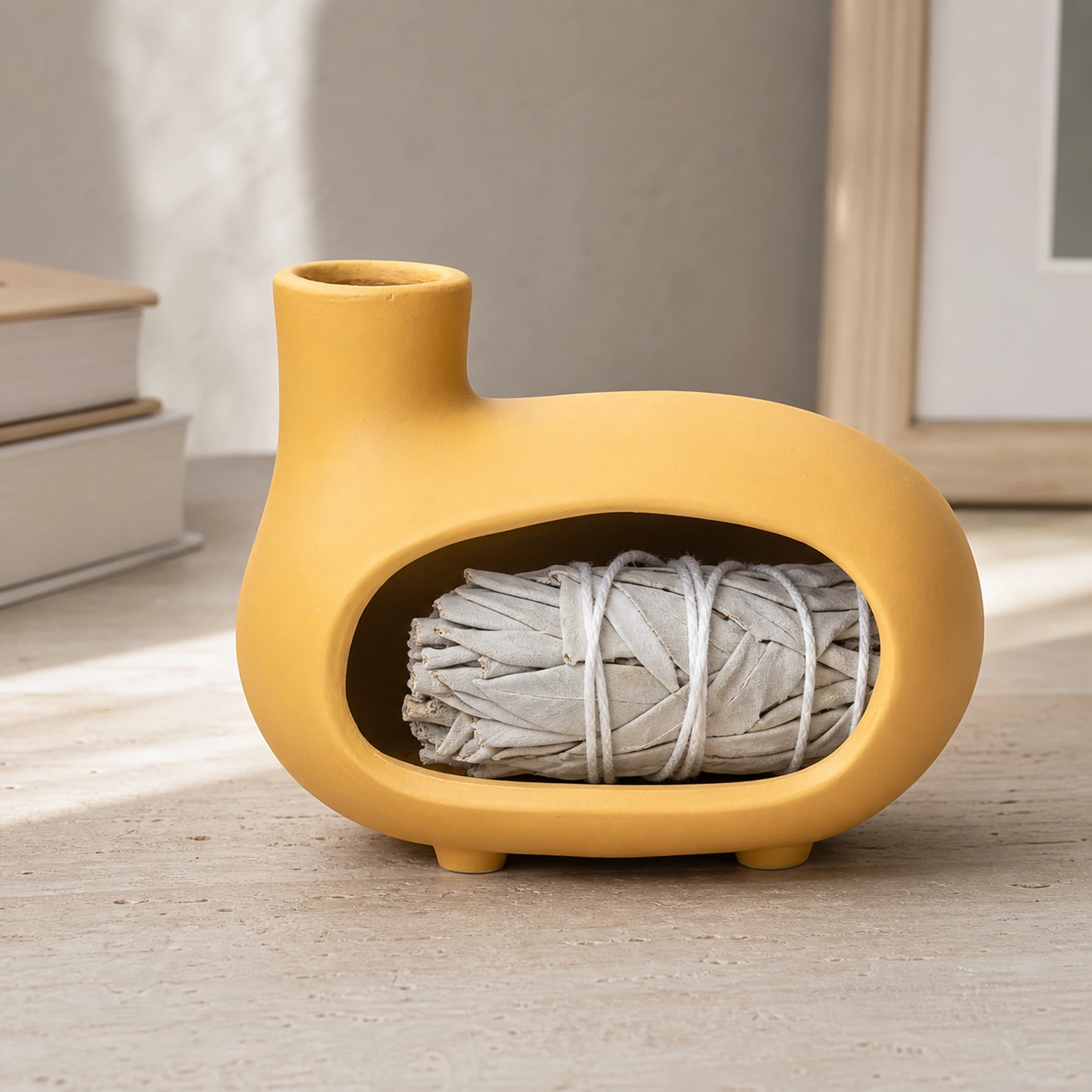 Matte yellow short-foot Classic Ceramic Palo Santo & Sage Burner, home scene with an unlit white sage bundle in the front chamber.