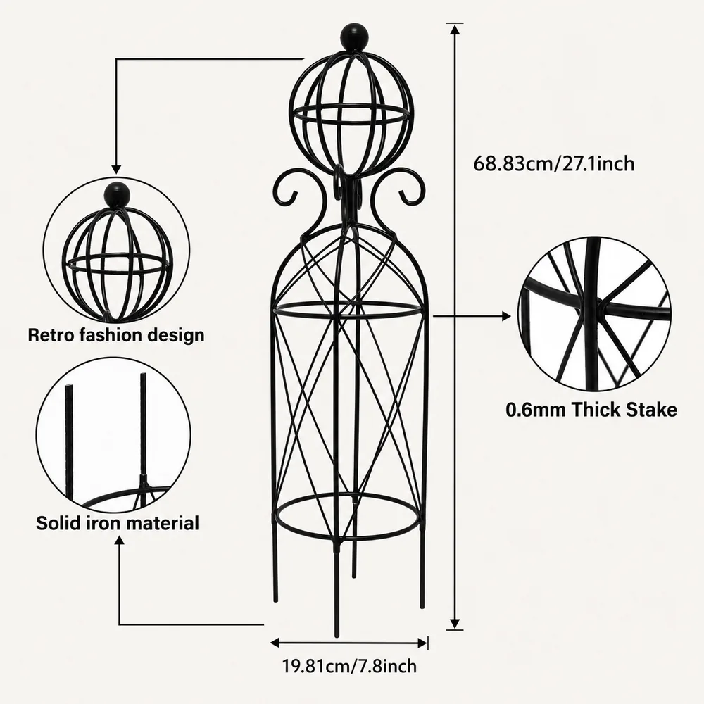 Diagram showing a 27.1-inch black metal obelisk trellis with a 7.8-inch base
