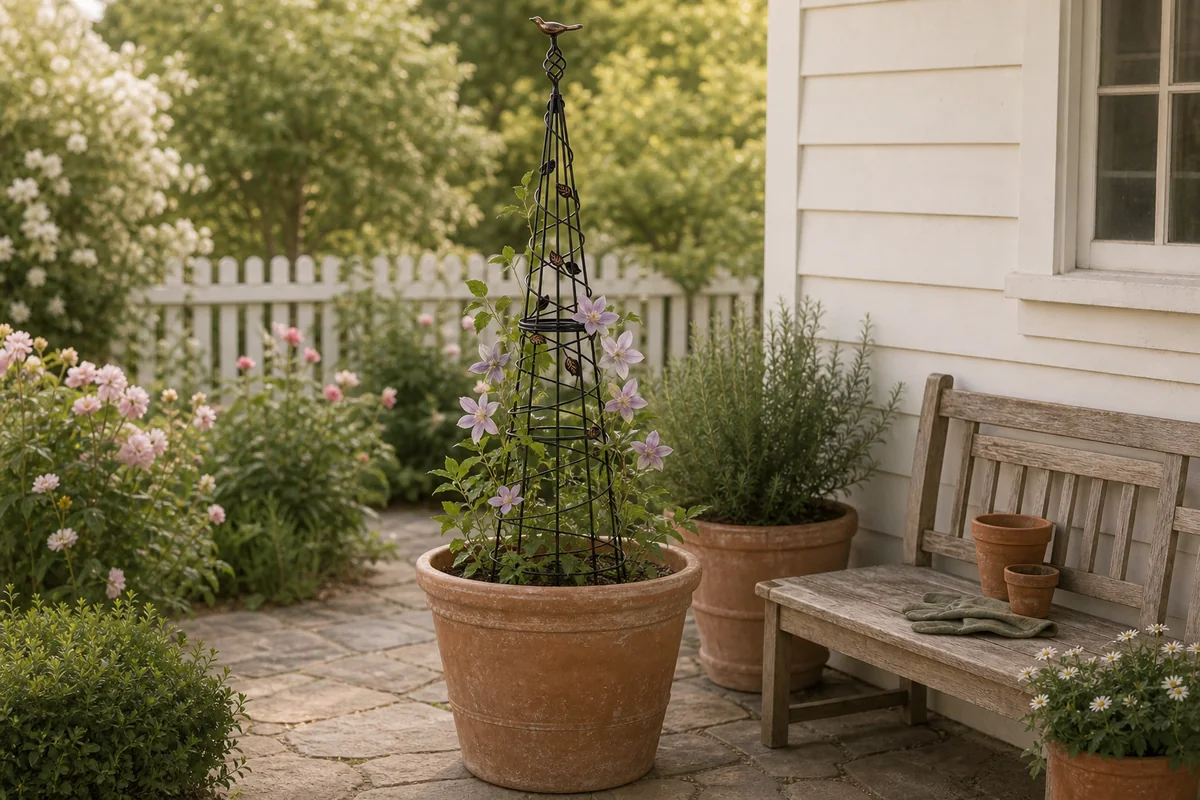 40.5-inch black metal obelisk trellis with climbing flowers in a terracotta patio planter