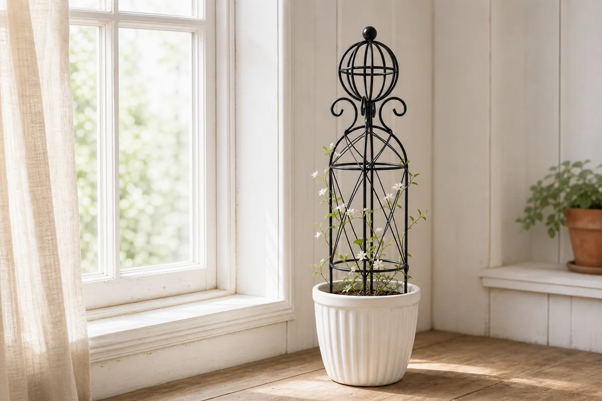 Compact black metal obelisk trellis supporting a green vine in a white planter beside a window