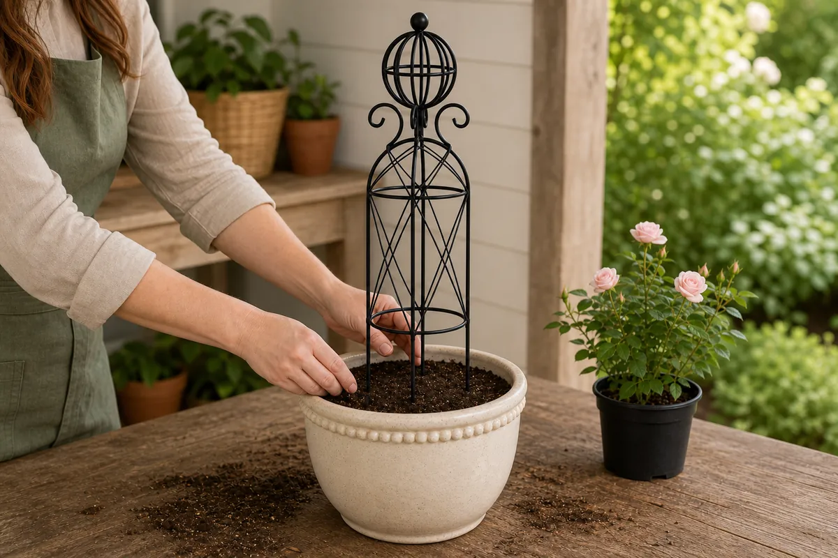Gardener installing a full black metal obelisk trellis in a heavy planter before adding a climbing rose