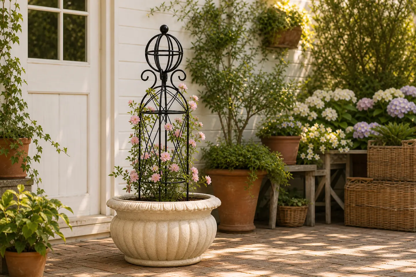 Complete black metal obelisk trellis supporting pink climbing roses in a heavy patio planter