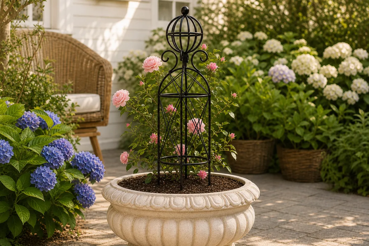 Complete black metal obelisk trellis seated securely in a heavy planter with flowering roses