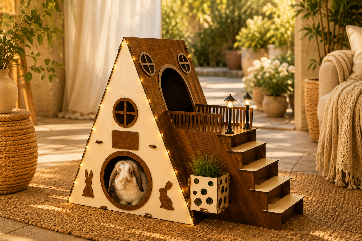 Close detail of rabbit castle balcony, stairs, and wood details