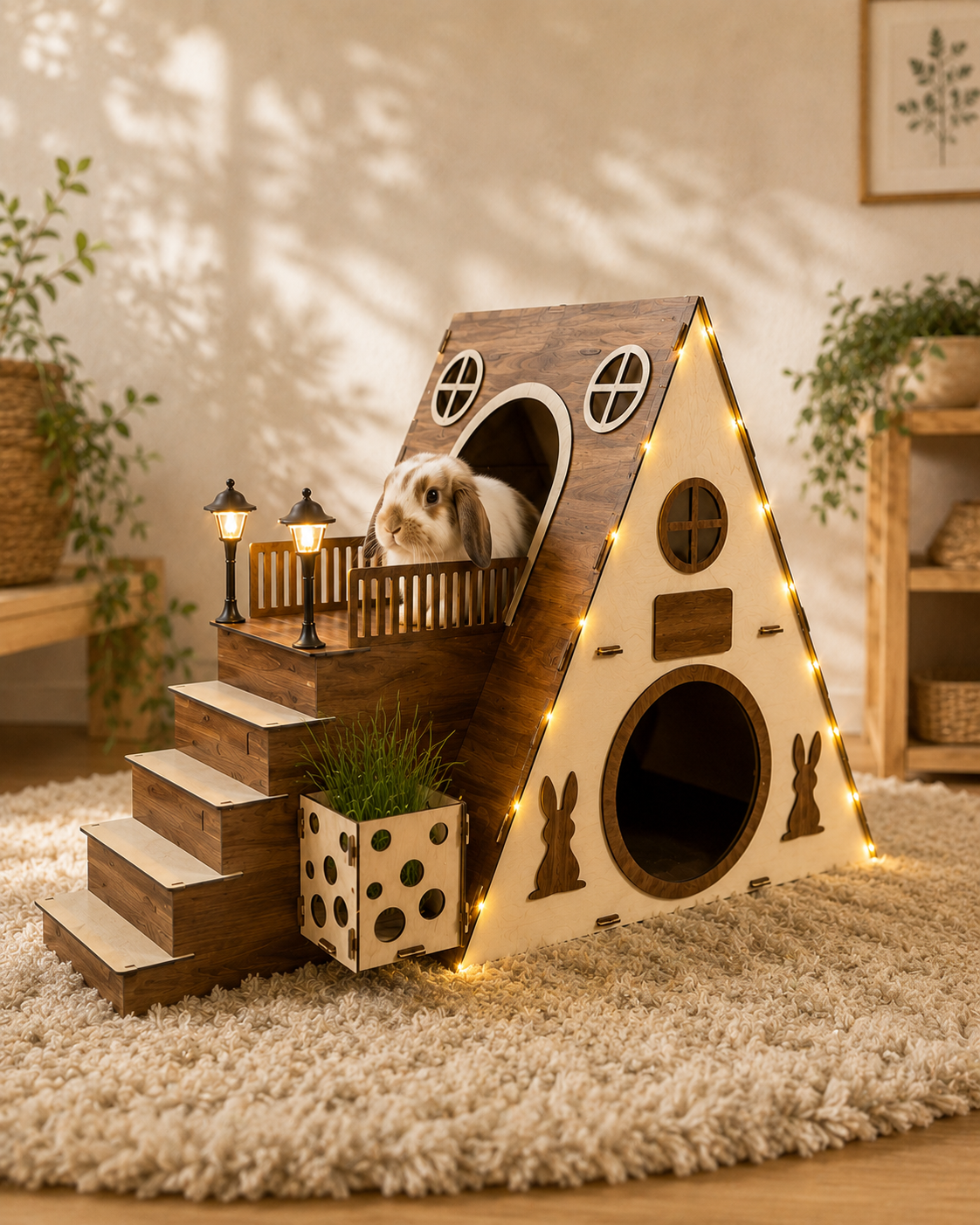 Rabbit resting inside a wooden castle house in a cozy indoor corner