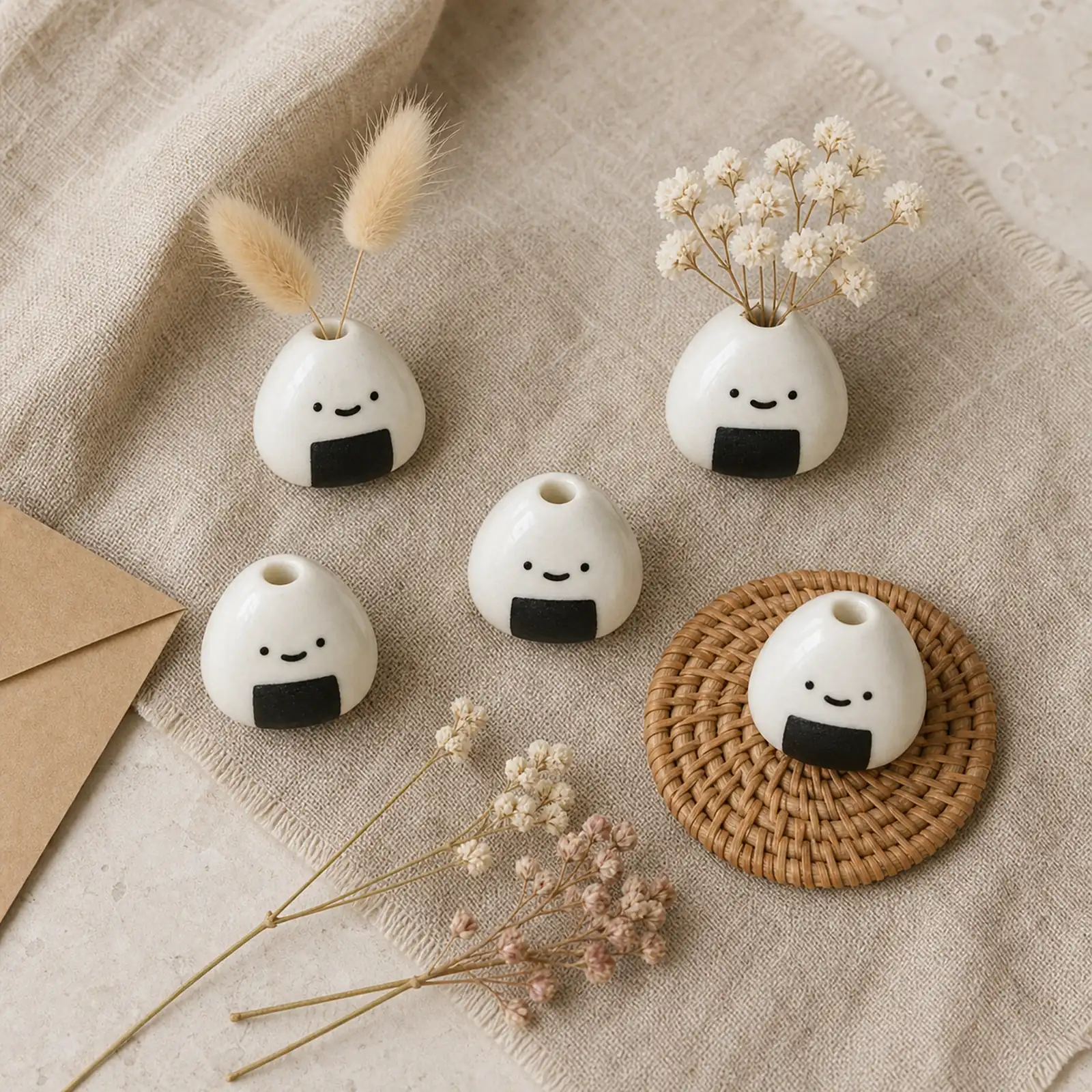 Five onigiri mini ceramic vases with petite dried botanicals