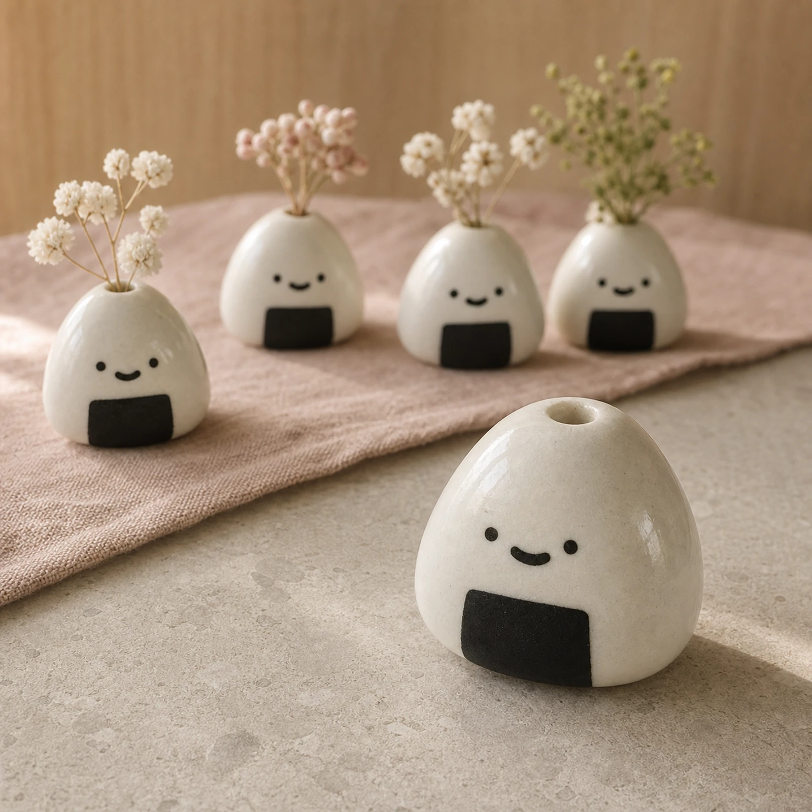 Close detail of onigiri mini vase glaze, face, nori patch, and top opening