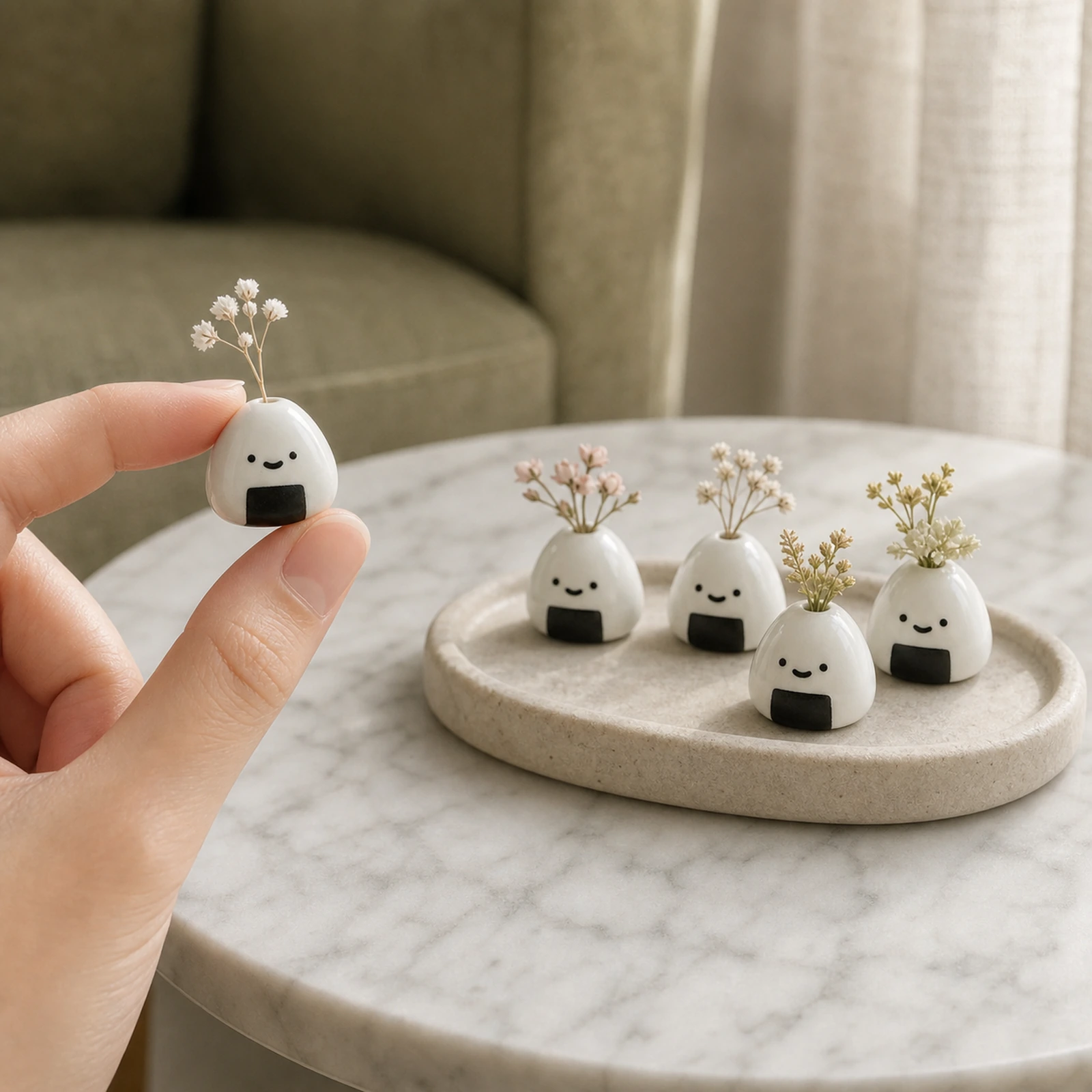 Hand holding a tiny MOUGIGI onigiri ceramic bud vase for scale
