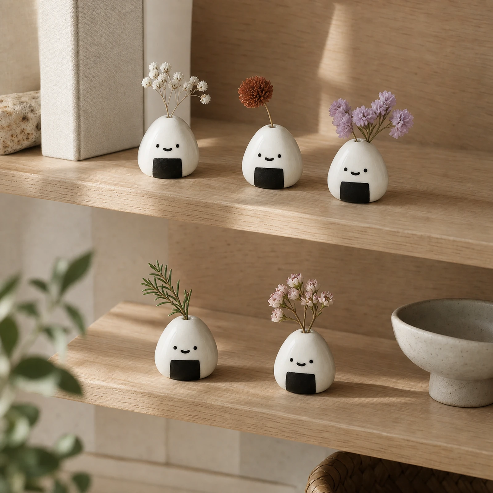 MOUGIGI onigiri mini vase set displayed on a warm oak shelf
