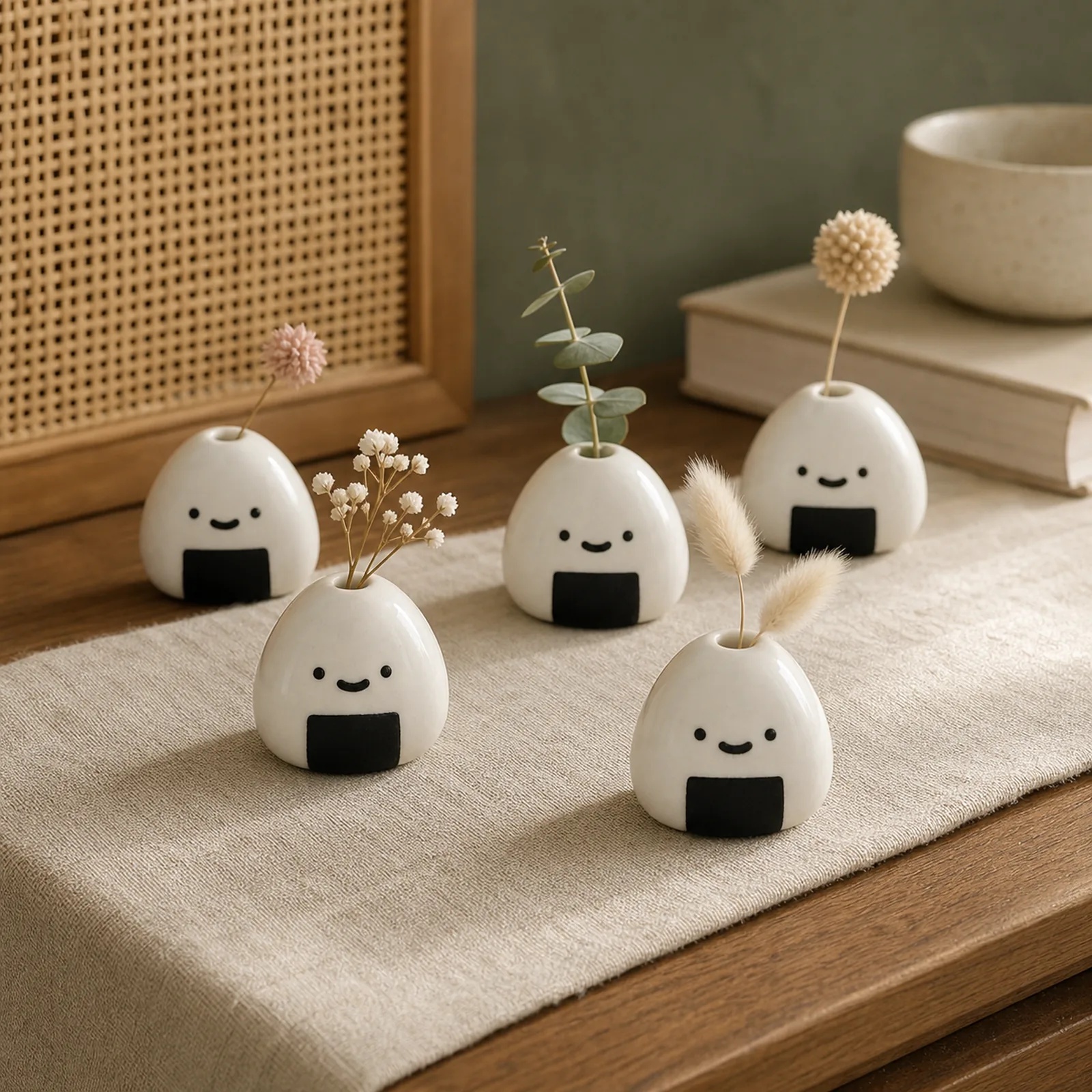 Five onigiri mini ceramic bud vases styled with walnut and linen