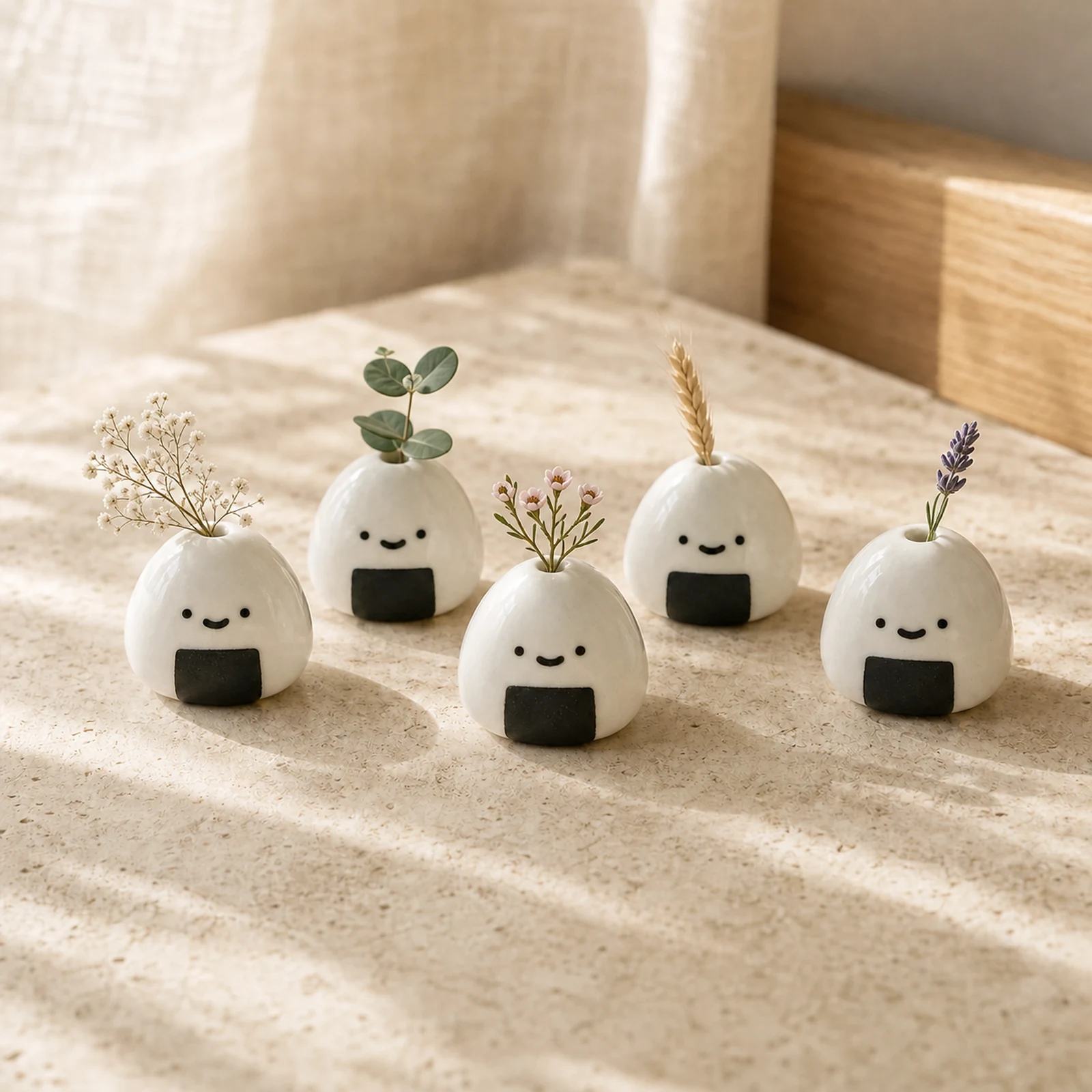 Five-piece MOUGIGI onigiri mini ceramic bud vase set with five different petite botanicals