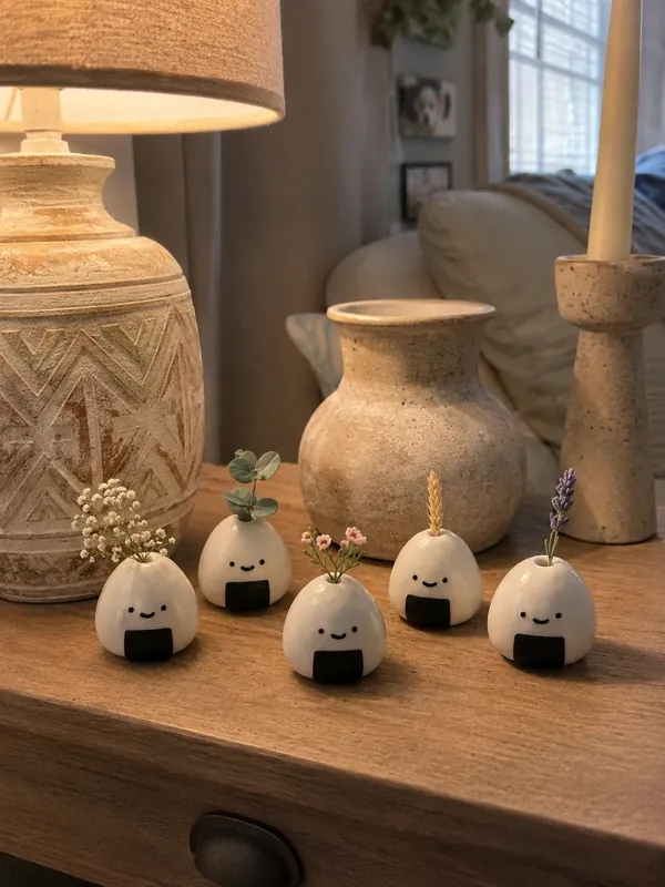 Onigiri ceramic vase styling in a warm home interior