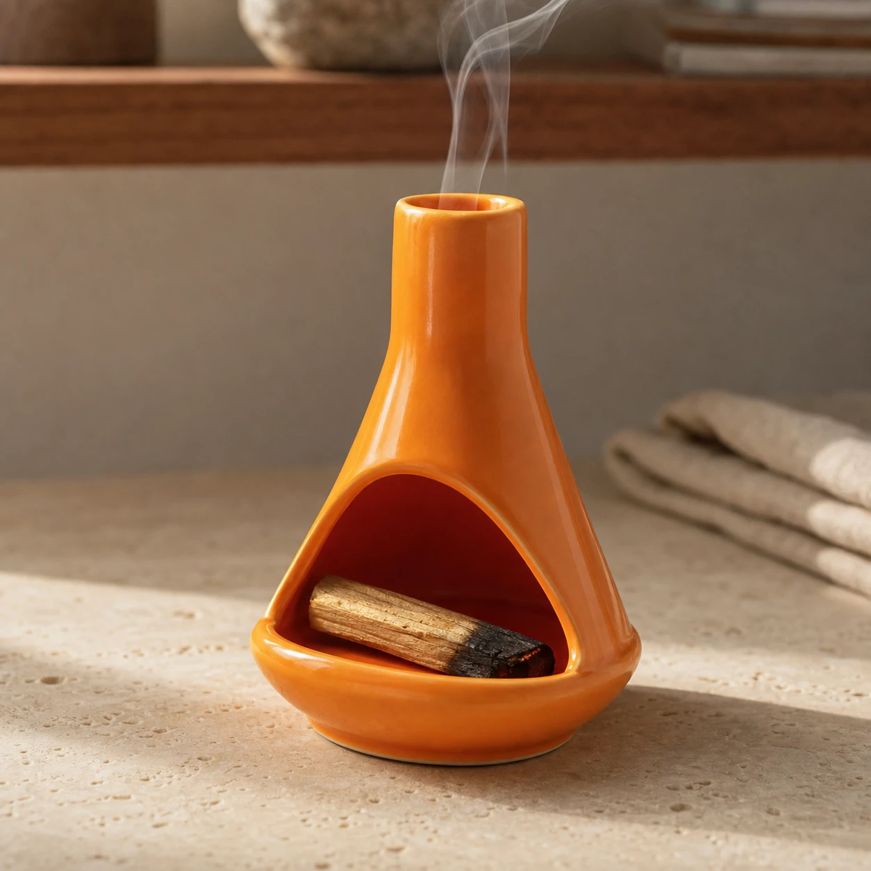 Orange ceramic mini chiminea with short Palo Santo and smoke through chimney
