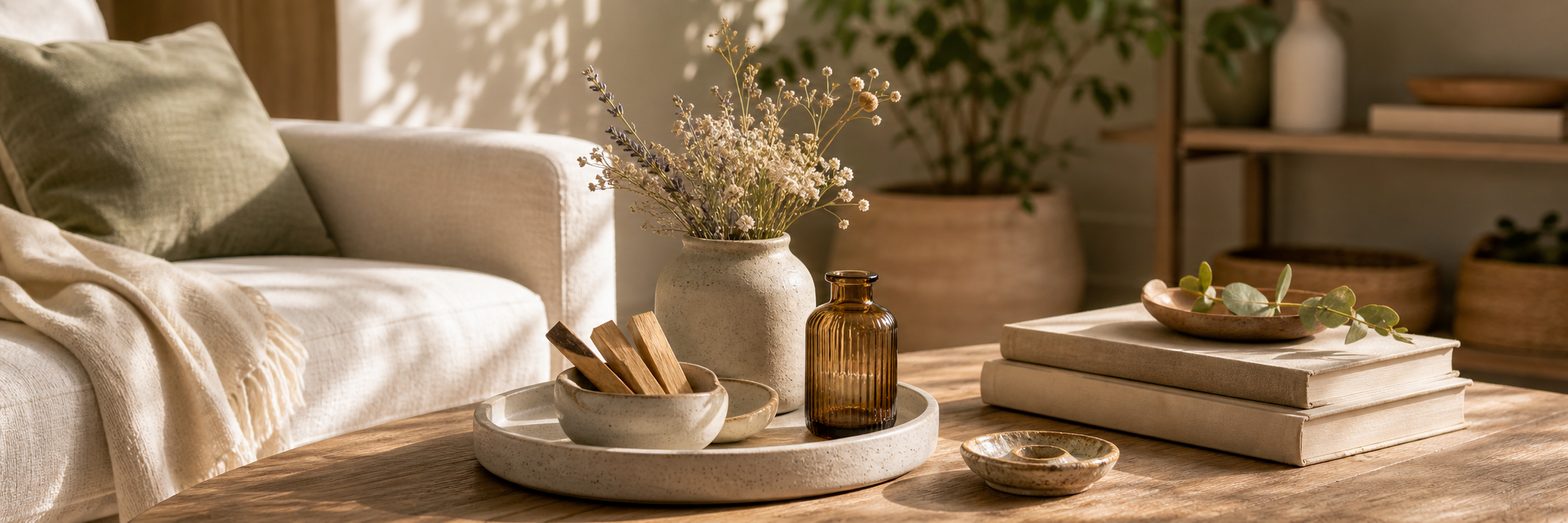 Warm coffee table ritual decor with Palo Santo sticks, ceramic tray, dried flowers, and natural home fragrance styling