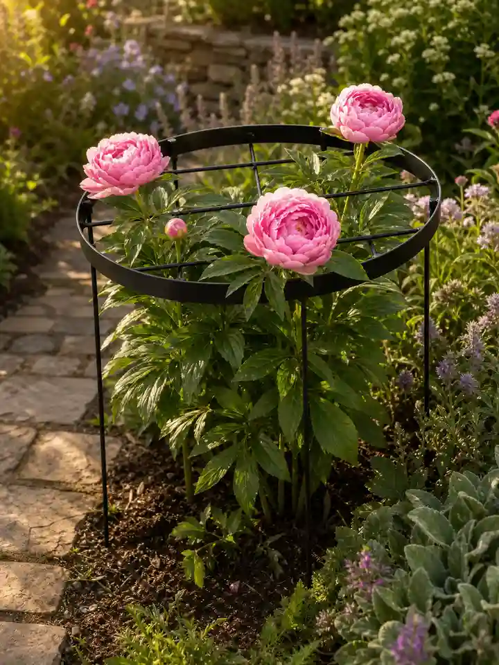 Black round peony support in a pink cottage garden border