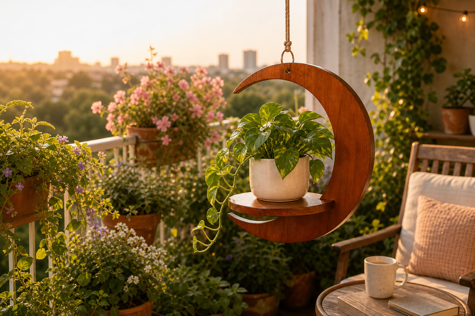 Compact balcony garden arranged with containers and vertical plant support