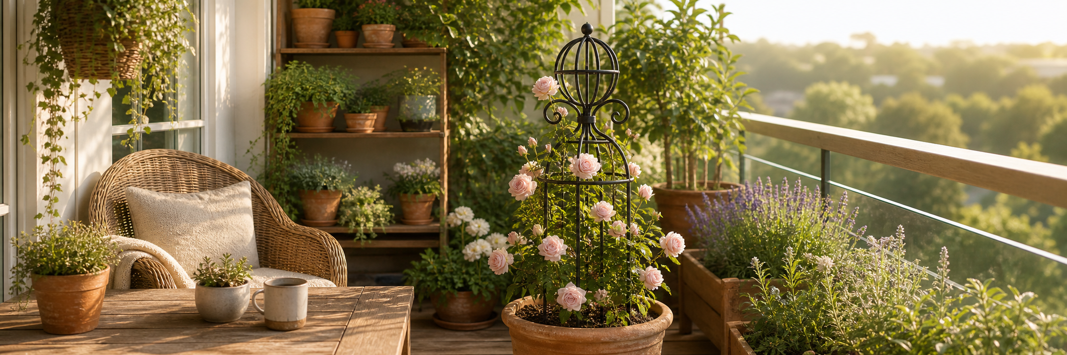 MOUGIGI small-space balcony garden with black metal obelisk trellis and climbing roses