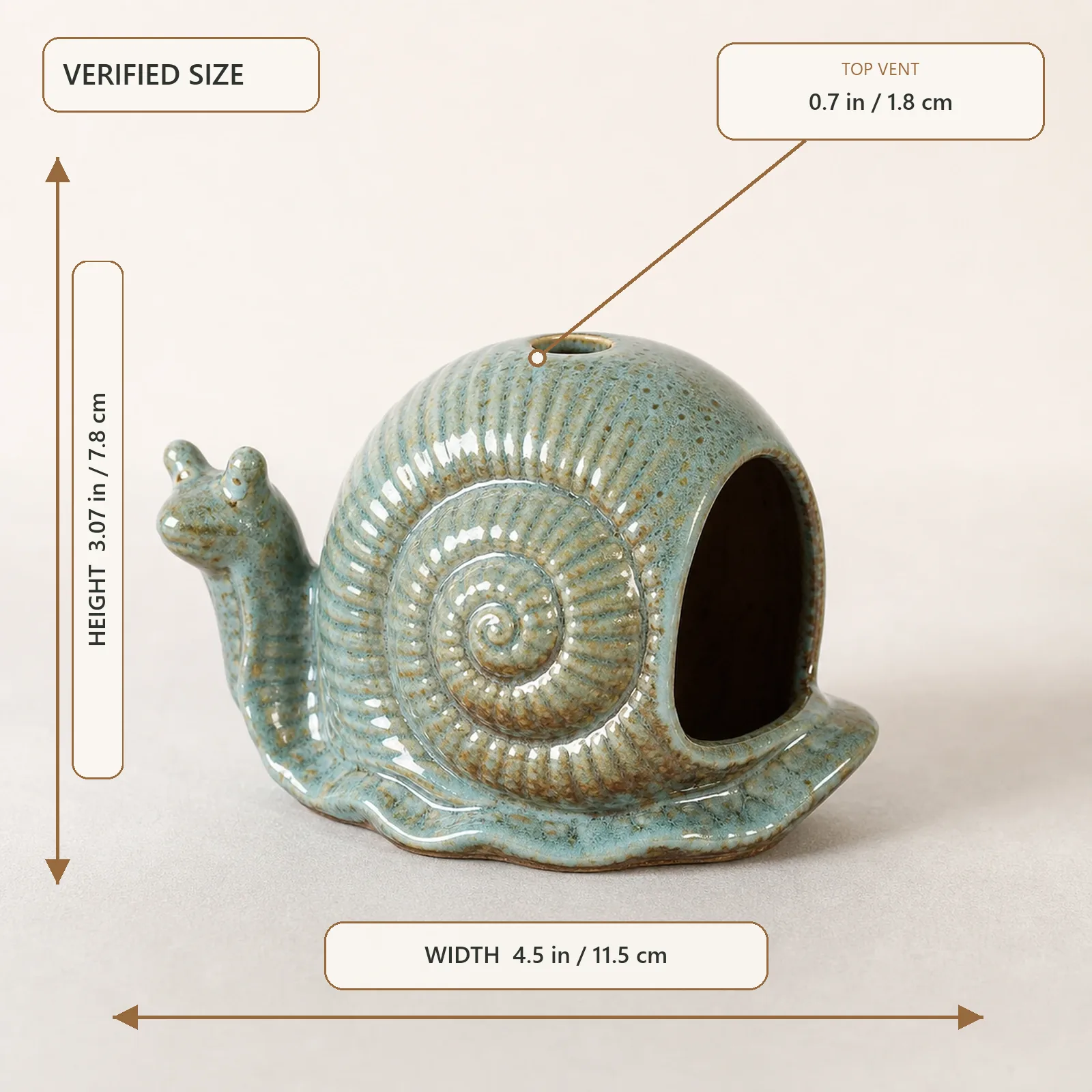 Blue ceramic snail holder dimensions: 4.5 inches wide, 3.07 inches high, and 0.7-inch top vent