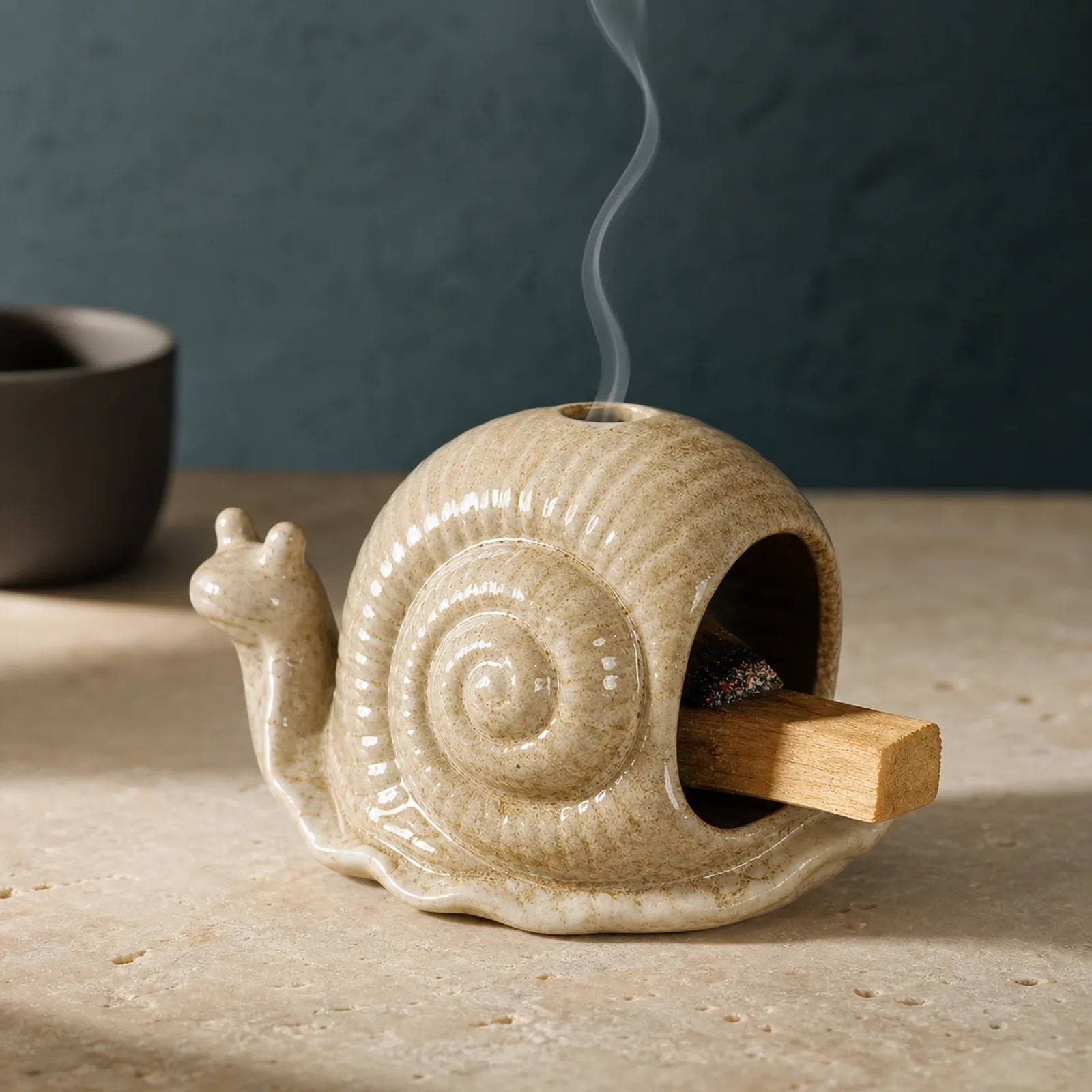 Brown ceramic snail Palo Santo holder with a visible charred ember and thin smoke rising through the top vent