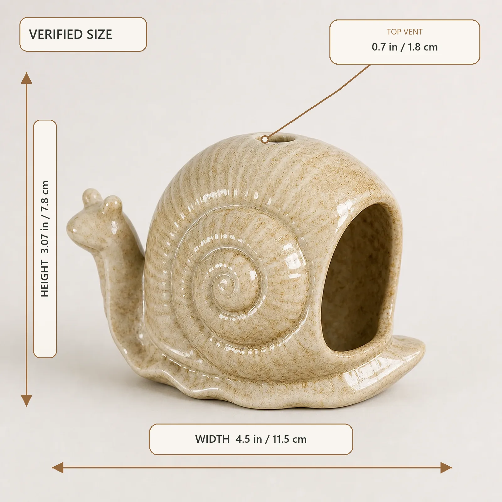 Brown ceramic snail holder dimensions: 4.5 inches wide, 3.07 inches high, and 0.7-inch top vent