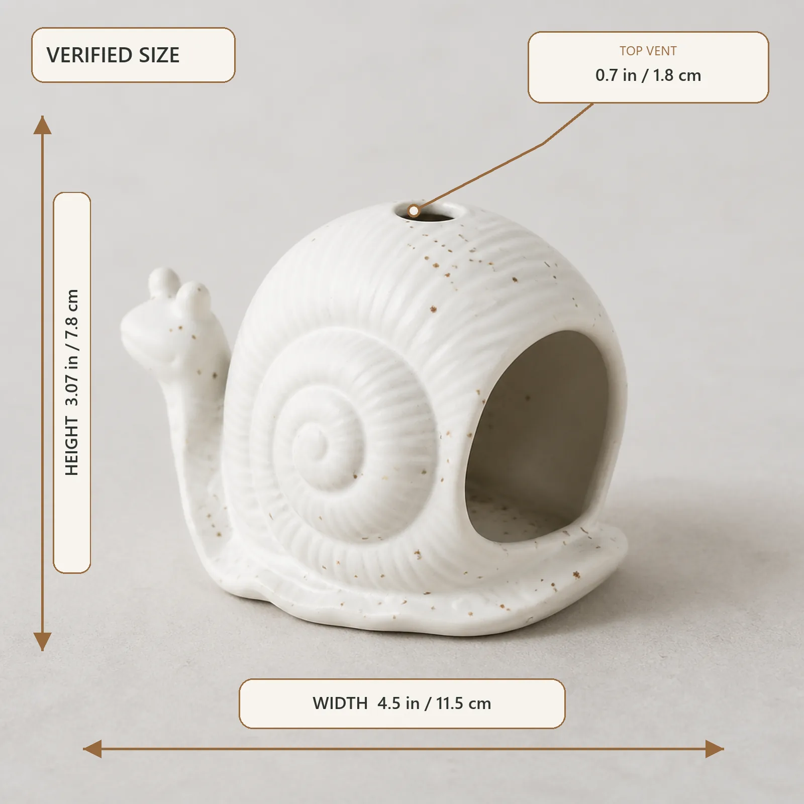 White ceramic snail holder dimensions: 4.5 inches wide, 3.07 inches high, and 0.7-inch top vent