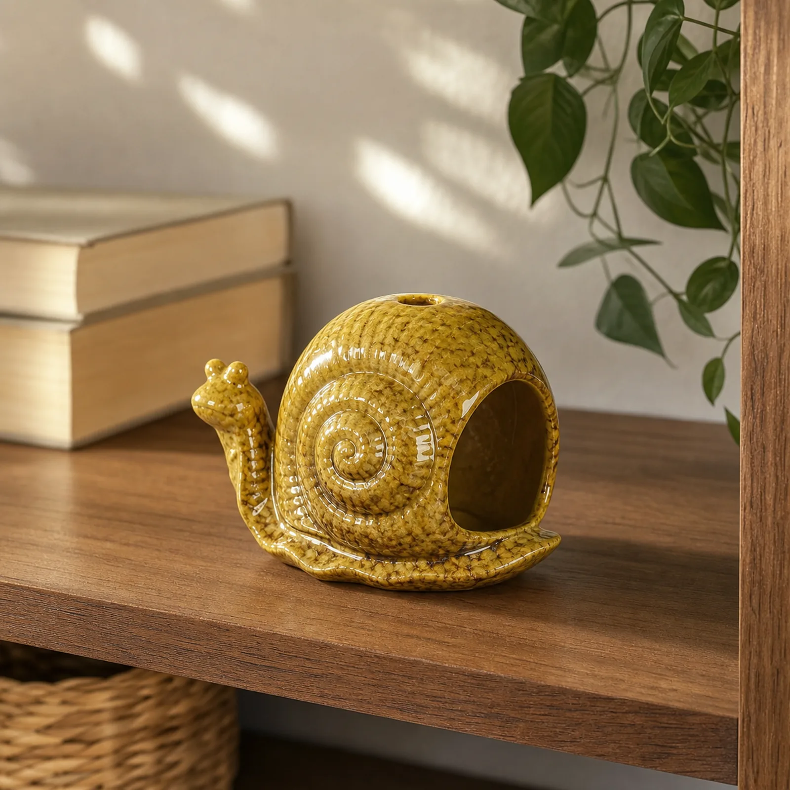 Yellow ceramic snail incense holder styled in an everyday home setting