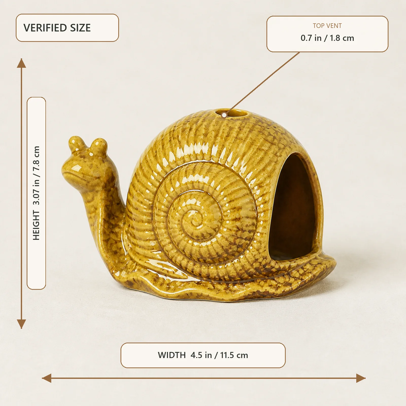 Yellow ceramic snail holder dimensions: 4.5 inches wide, 3.07 inches high, and 0.7-inch top vent